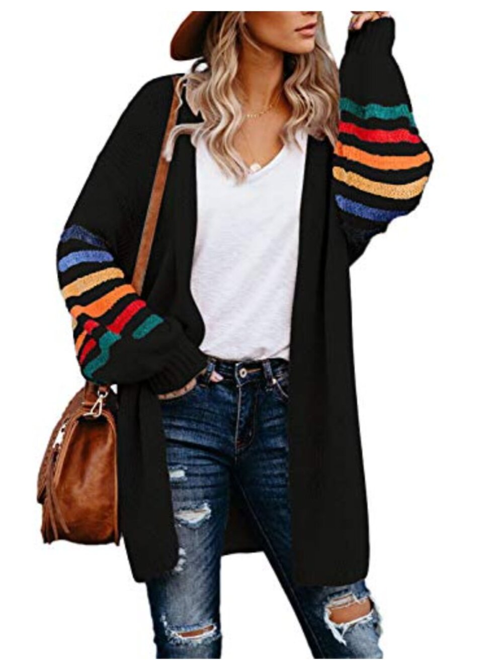Open Front Long Cardigan Loose Knit Sweater Striped Color Block Balloon Sleeve
